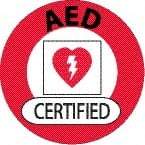 NMC - AED Certified, Hard Hat Label - Round, Black & Red on White, 0.004" Thick, Indoor or Outdoor, Adhesive Backed, For Certified Operator - USA Tool & Supply