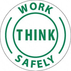 NMC - Work Think Safely, Hard Hat Label - Round, Green on White, 0.004" Thick, Indoor or Outdoor, Adhesive Backed, For Accident Prevention - USA Tool & Supply