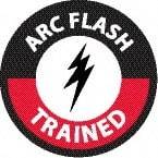 NMC - Arc Flash Trained, Hard Hat Label - Round, White & Red on Black, 0.004" Thick, Indoor or Outdoor, Adhesive Backed, For Accident Prevention - USA Tool & Supply