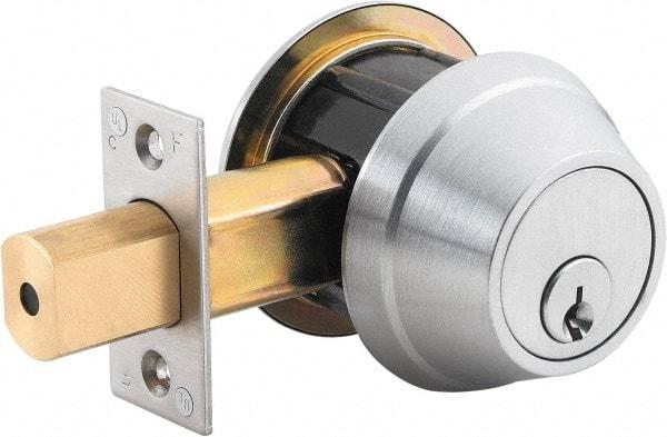 Stanley - 1-3/8 to 2" Door Thickness, Bright Brass Finish, Occupancy Indicator Deadbolt - Nonhanded Handling, Push in Lever Override, Keyless Cylinder - USA Tool & Supply