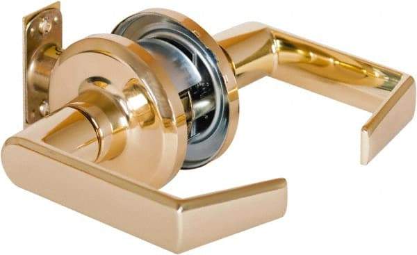 Stanley - Grade 2 Passage Lever Lockset - 2-3/8 & 2-3/4" Back Set, Keyless Cylinder, Brass Alloy, Bright Brass Finish - USA Tool & Supply