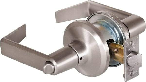 Stanley - Grade 2 Privacy Lever Lockset - 2-3/8 & 2-3/4" Back Set, Keyless Cylinder, Brass Alloy, Satin Nickel Finish - USA Tool & Supply