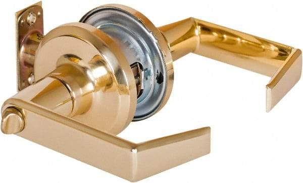 Stanley - Grade 2 Privacy Lever Lockset - 2-3/8 & 2-3/4" Back Set, Keyless Cylinder, Brass Alloy, Bright Brass Finish - USA Tool & Supply