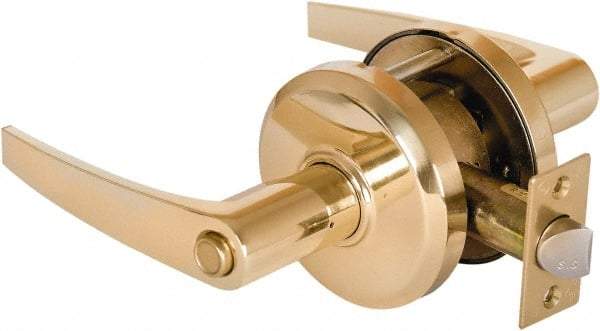 Stanley - Grade 2 Privacy Lever Lockset - 2-3/4" Back Set, Keyless Cylinder, Brass Alloy, Bright Brass Finish - USA Tool & Supply