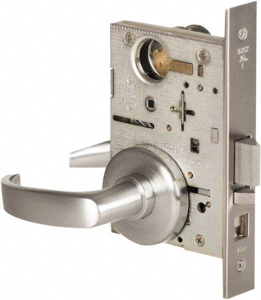 Best - Grade 1 Office Lever Lockset - 2-3/4" Back Set, Keyless Cylinder, Brass Alloy, Satin Chrome Finish - USA Tool & Supply