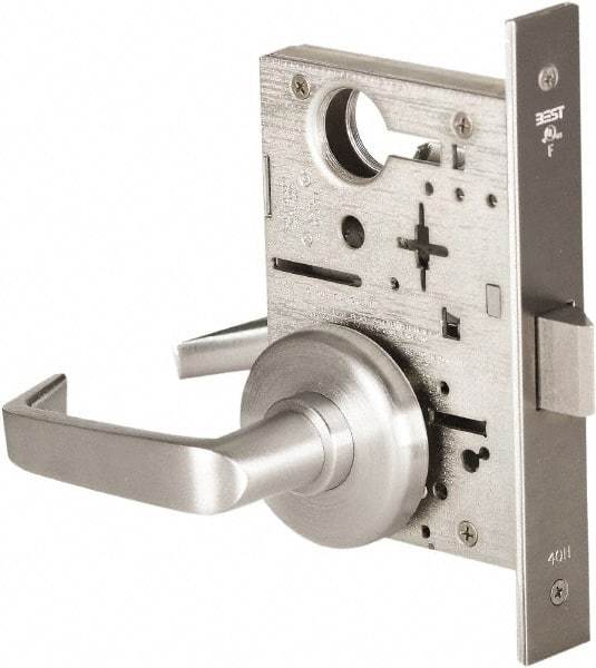 Best - Grade 1 Passage Lever Lockset - 2-3/4" Back Set, Keyless Cylinder, Brass Alloy, Satin Chrome Finish - USA Tool & Supply