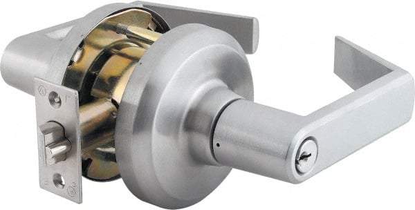 Stanley - Grade 1 Storeroom Lever Lockset - 2-3/4" Back Set, Key In Lever Cylinder, Brass Alloy, Satin Chrome Finish - USA Tool & Supply