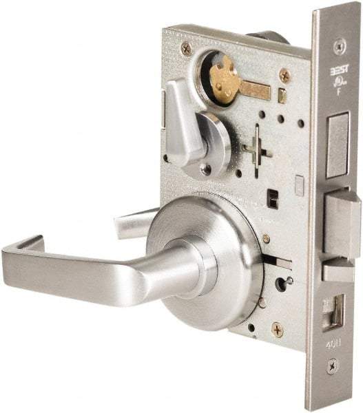 Stanley - Grade 1 Dormitory Lever Lockset - 2-3/4" Back Set, Best SFIC Cylinder, Brass Alloy, Satin Chrome Finish - USA Tool & Supply