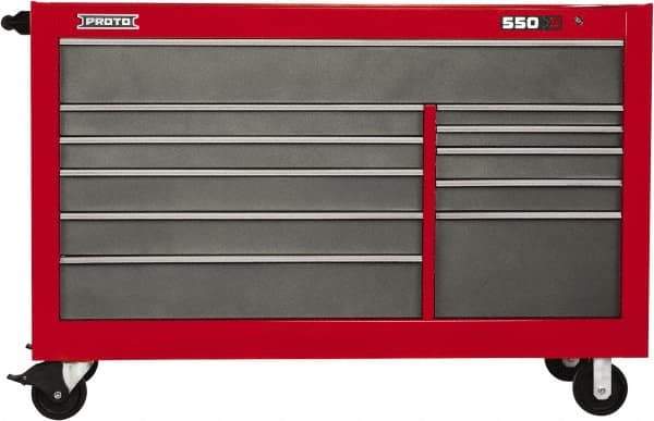 Proto - 35,917 Lb Capacity, 11 Drawer Mobile Workstation - 66" Wide x 27" Deep x 46" High, Steel, Safety Red & Gray - USA Tool & Supply