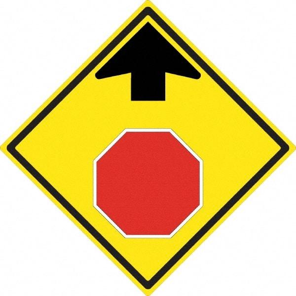 NMC - "Up Arrow, Stop Symbol", 24" Wide x 24" High, Aluminum Stop & Yield Signs - 0.08" Thick, Red & Black on Yellow, High Intensity Reflectivity, Diamond, Post Mount - USA Tool & Supply