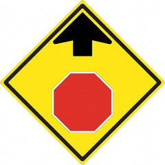 NMC - "Up Arrow, Stop Symbol", 24" Wide x 24" High, Aluminum Stop & Yield Signs - 0.08" Thick, Red & Black on Yellow, High Intensity Reflectivity, Diamond, Post Mount - USA Tool & Supply