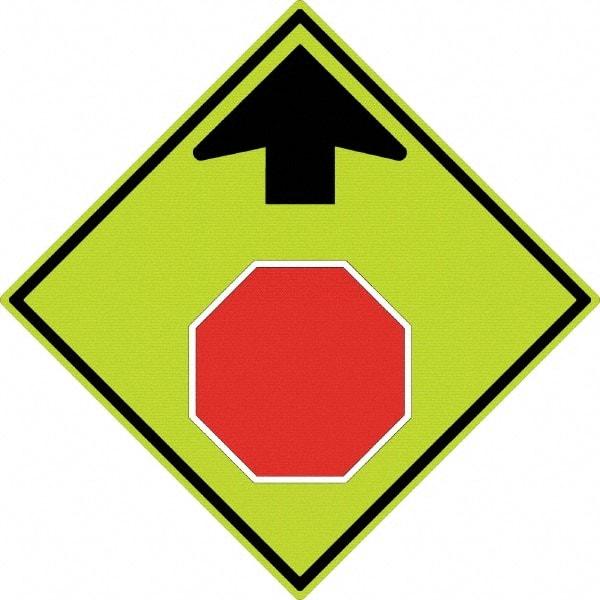 NMC - "Up Arrow, Stop Symbol", 30" Wide x 30" High, Aluminum Stop & Yield Signs - 0.08" Thick, Red & Black on Yellow, Diamond Grade Reflectivity, Diamond, Post Mount - USA Tool & Supply