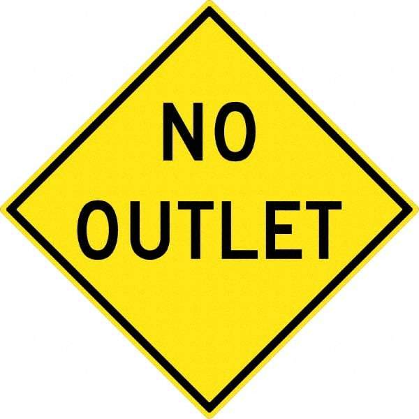 NMC - "No Outlet", 30" Wide x 30" High, Aluminum Traffic Control Signs - 0.08" Thick, Black on Yellow, High Intensity Reflectivity, Diamond, Post Mount - USA Tool & Supply