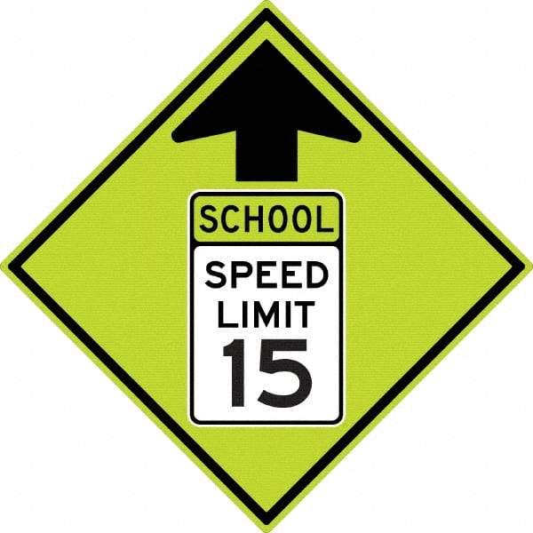 NMC - "School Speed Limit 15", "Up Arrow", 30" Wide x 30" High, Aluminum Warning & Safety Reminder Signs - 0.08" Thick, Black/Green, Diamond Grade Reflectivity, Diamond, Post Mount - USA Tool & Supply