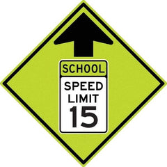NMC - "School Speed Limit 15", "Up Arrow", 30" Wide x 30" High, Aluminum Warning & Safety Reminder Signs - 0.08" Thick, Black/Green, Diamond Grade Reflectivity, Diamond, Post Mount - USA Tool & Supply