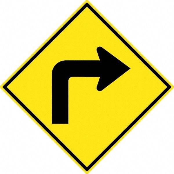 NMC - "Right Turn Arrow", 30" Wide x 30" High, Aluminum Traffic Control Signs - 0.08" Thick, Black on Yellow, High Intensity Reflectivity, Diamond, Post Mount - USA Tool & Supply