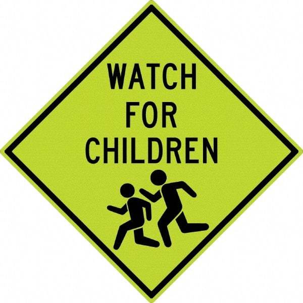 NMC - "Watch For Children", "Children Running", 30" Wide x 30" High, Aluminum Warning & Safety Reminder Signs - 0.08" Thick, Black on Yellow, Diamond Grade Reflectivity, Diamond, Post Mount - USA Tool & Supply