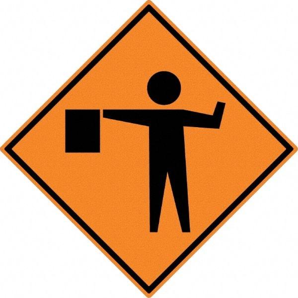 NMC - "Worker w/Directional Flag", 30" Wide x 30" High, Aluminum Construction Roadway Signs - 0.08" Thick, Black on Orange, High Intensity Reflectivity, Diamond, Post Mount - USA Tool & Supply