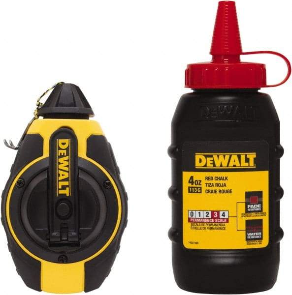 DeWALT - 100' Long Reel & Chalk Set - Yellow & Black, Includes 4 oz Red Chalk - USA Tool & Supply