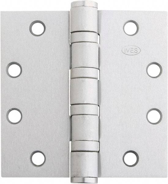 IVES - 4-1/2" Long x 4-1/2" Wide x 1.34" Thick, Stainless Steel Full Mortise Ball Bearing Hinge - Satin Chrome Finish, 5 Knuckles, 8 Holes - USA Tool & Supply
