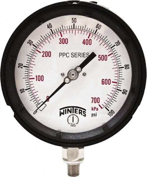 Winters - 4-1/2" Dial, 1/4 Thread, 0-100 Scale Range, Pressure Gauge - Bottom Connection Mount, Accurate to ±0.5% of Scale - USA Tool & Supply