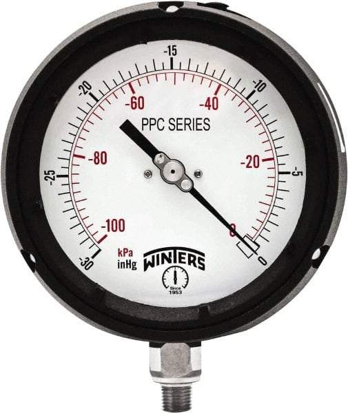 Winters - 4-1/2" Dial, 1/4 Thread, 30-0 Hg VAC Scale Range, Pressure Gauge - Bottom Connection Mount, Accurate to ±0.5% of Scale - USA Tool & Supply