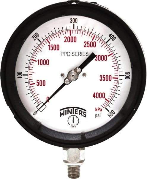 Winters - 4-1/2" Dial, 1/4 Thread, 0-600 Scale Range, Pressure Gauge - Bottom Connection Mount, Accurate to ±0.5% of Scale - USA Tool & Supply