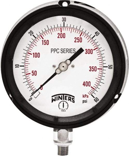 Winters - 4-1/2" Dial, 1/4 Thread, 0-60 Scale Range, Pressure Gauge - Bottom Connection Mount, Accurate to ±0.5% of Scale - USA Tool & Supply