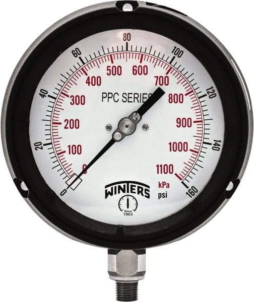 Winters - 4-1/2" Dial, 1/4 Thread, 0-160 Scale Range, Pressure Gauge - Bottom Connection Mount, Accurate to ±0.5% of Scale - USA Tool & Supply