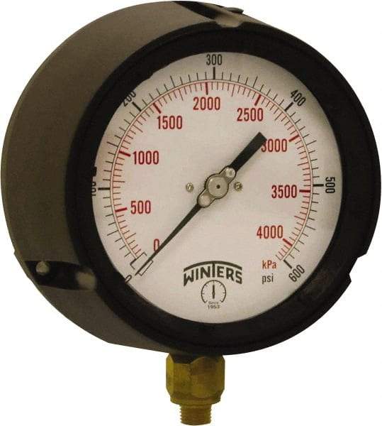 Winters - 4-1/2" Dial, 1/4 Thread, 0-600 Scale Range, Pressure Gauge - Bottom Connection Mount, Accurate to ±0.5% of Scale - USA Tool & Supply