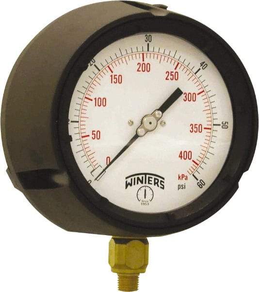 Winters - 4-1/2" Dial, 1/4 Thread, 0-60 Scale Range, Pressure Gauge - Bottom Connection Mount, Accurate to ±0.5% of Scale - USA Tool & Supply