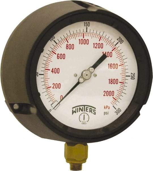 Winters - 4-1/2" Dial, 1/4 Thread, 0-300 Scale Range, Pressure Gauge - Bottom Connection Mount, Accurate to ±0.5% of Scale - USA Tool & Supply