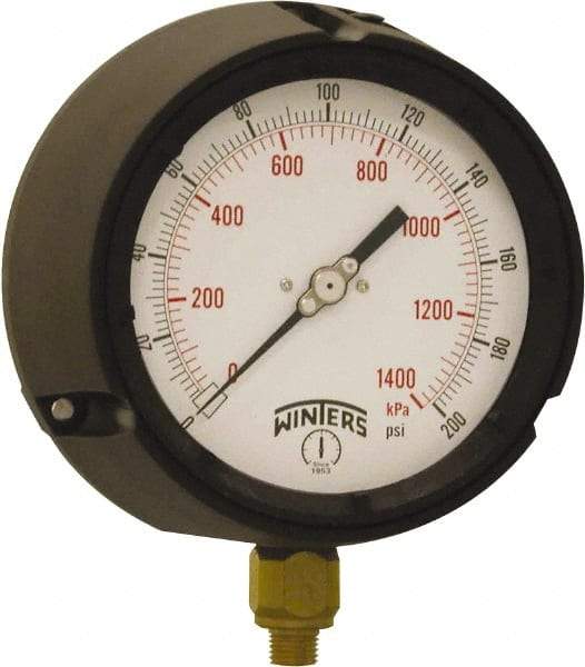 Winters - 4-1/2" Dial, 1/4 Thread, 0-200 Scale Range, Pressure Gauge - Bottom Connection Mount, Accurate to ±0.5% of Scale - USA Tool & Supply