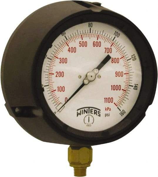 Winters - 4-1/2" Dial, 1/4 Thread, 0-160 Scale Range, Pressure Gauge - Bottom Connection Mount, Accurate to ±0.5% of Scale - USA Tool & Supply