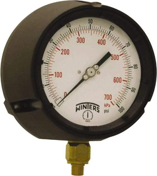 Winters - 4-1/2" Dial, 1/4 Thread, 0-100 Scale Range, Pressure Gauge - Bottom Connection Mount, Accurate to ±0.5% of Scale - USA Tool & Supply