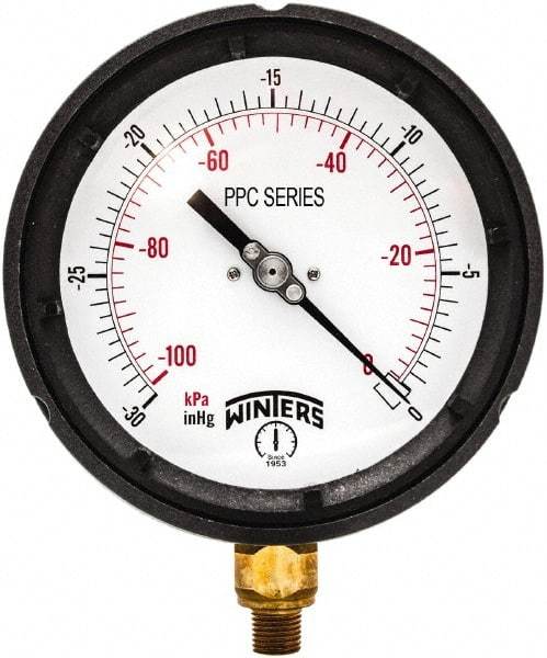 Winters - 4-1/2" Dial, 1/4 Thread, 30-0 Hg VAC Scale Range, Pressure Gauge - Bottom Connection Mount, Accurate to ±0.5% of Scale - USA Tool & Supply