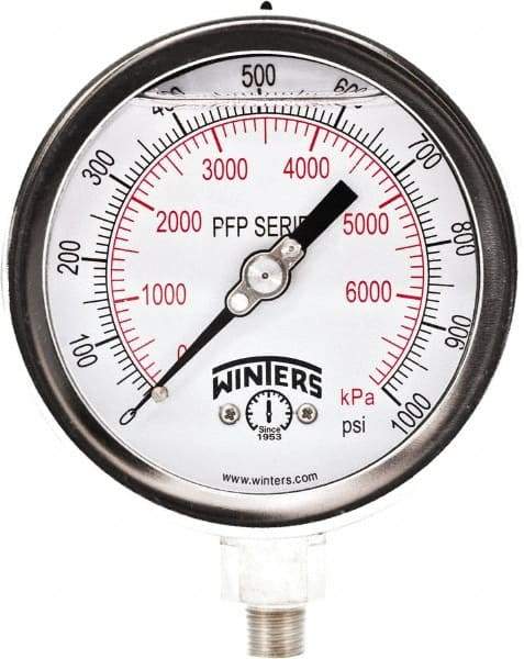 Winters - 4" Dial, 1/4 Thread, 0-1,000 Scale Range, Pressure Gauge - Bottom Connection Mount, Accurate to 1% Full-Scale of Scale - USA Tool & Supply