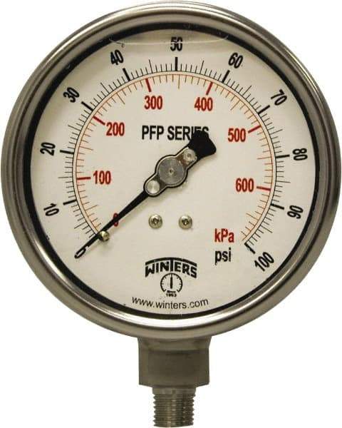 Winters - 4" Dial, 1/4 Thread, 0-100 Scale Range, Pressure Gauge - Bottom Connection Mount, Accurate to 0.01% of Scale - USA Tool & Supply