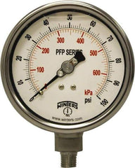 Winters - 4" Dial, 1/4 Thread, 0-100 Scale Range, Pressure Gauge - Bottom Connection Mount, Accurate to 1% Full-Scale of Scale - USA Tool & Supply