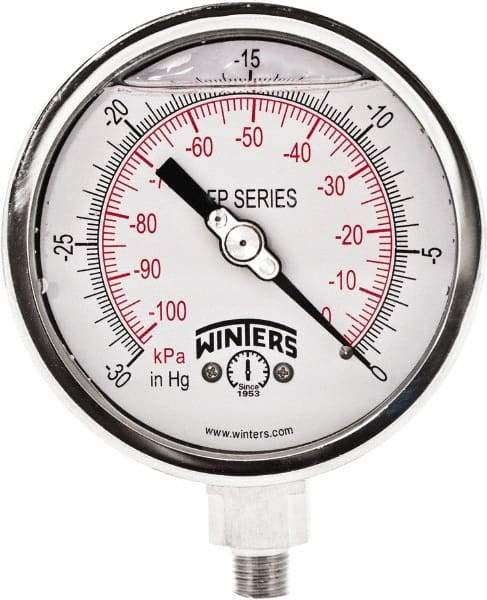 Winters - 4" Dial, 1/4 Thread, 30" HG Vac Scale Range, Pressure Gauge - Bottom Connection Mount, Accurate to 1% Full-Scale of Scale - USA Tool & Supply