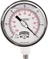 Winters - 4" Dial, 1/4 Thread, 30" HG Vac Scale Range, Pressure Gauge - Bottom Connection Mount, Accurate to 1% Full-Scale of Scale - USA Tool & Supply