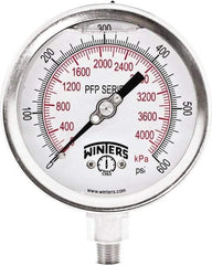 Winters - 4" Dial, 1/4 Thread, 0-600 Scale Range, Pressure Gauge - Bottom Connection Mount, Accurate to 0.01% of Scale - USA Tool & Supply