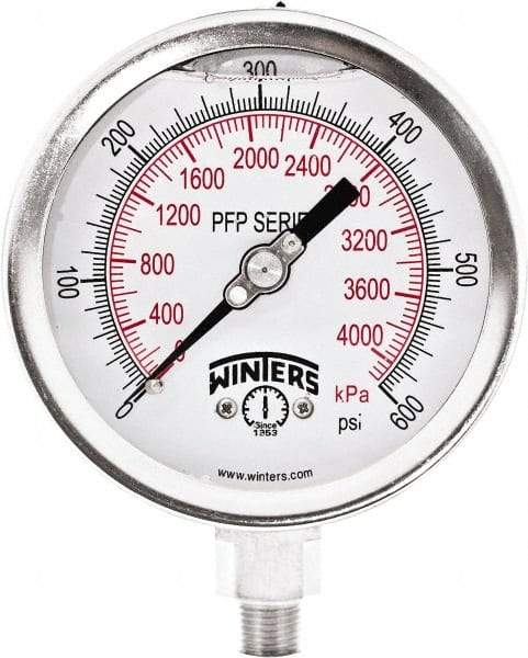 Winters - 4" Dial, 1/4 Thread, 0-600 Scale Range, Pressure Gauge - Bottom Connection Mount, Accurate to 1% Full-Scale of Scale - USA Tool & Supply