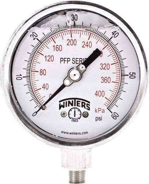 Winters - 4" Dial, 1/4 Thread, 0-60 Scale Range, Pressure Gauge - Bottom Connection Mount, Accurate to 1% Full-Scale of Scale - USA Tool & Supply