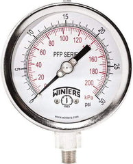 Winters - 4" Dial, 1/4 Thread, 0-30 Scale Range, Pressure Gauge - Bottom Connection Mount, Accurate to 1% Full-Scale of Scale - USA Tool & Supply