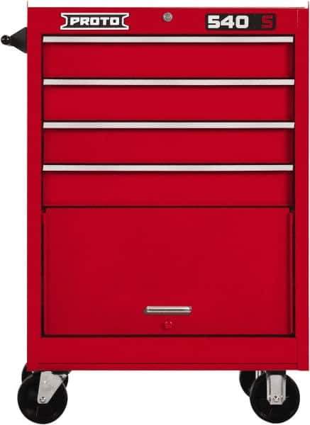 Proto - 4 Drawer Steel Tool Roller Cabinet - 27" Wide x 42" High x 18" Deep, Ball Bearing Drawer Slides, Red - USA Tool & Supply