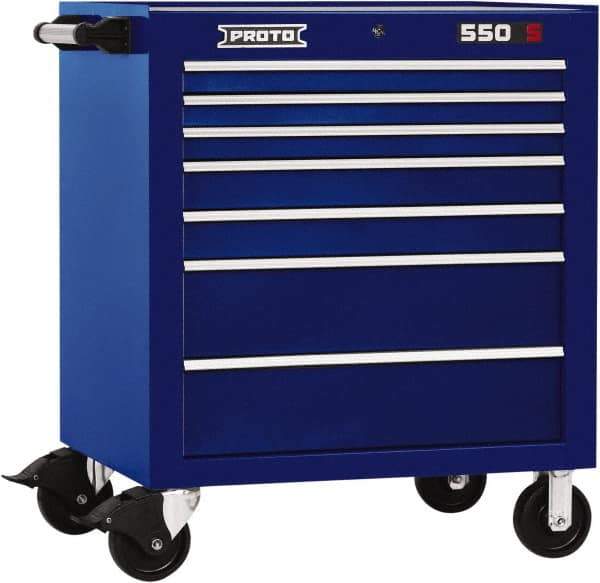 Proto - 7 Drawer Steel Tool Roller Cabinet - 34" Wide x 41" High x 25-1/4" Deep, Ball Bearing Drawer Slides, Blue - USA Tool & Supply