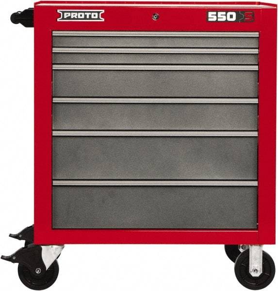 Proto - 6 Drawer Steel Tool Roller Cabinet - 34" Wide x 41" High x 25-1/4" Deep, Ball Bearing Drawer Slides, Safety Red/Gray - USA Tool & Supply