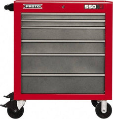 Proto - 6 Drawer Steel Tool Roller Cabinet - 34" Wide x 41" High x 25-1/4" Deep, Ball Bearing Drawer Slides, Safety Red/Gray - USA Tool & Supply