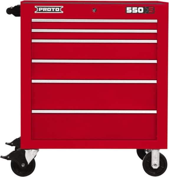 Proto - 6 Drawer Steel Tool Roller Cabinet - 34" Wide x 41" High x 25-1/4" Deep, Ball Bearing Drawer Slides, Red - USA Tool & Supply
